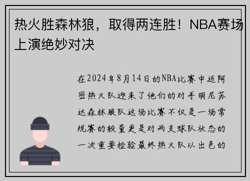 热火胜森林狼，取得两连胜！NBA赛场上演绝妙对决